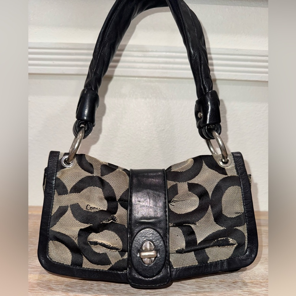 RARE Vintage COACH Parker Pleated Op Art Signature Black Gray Handbag #13408